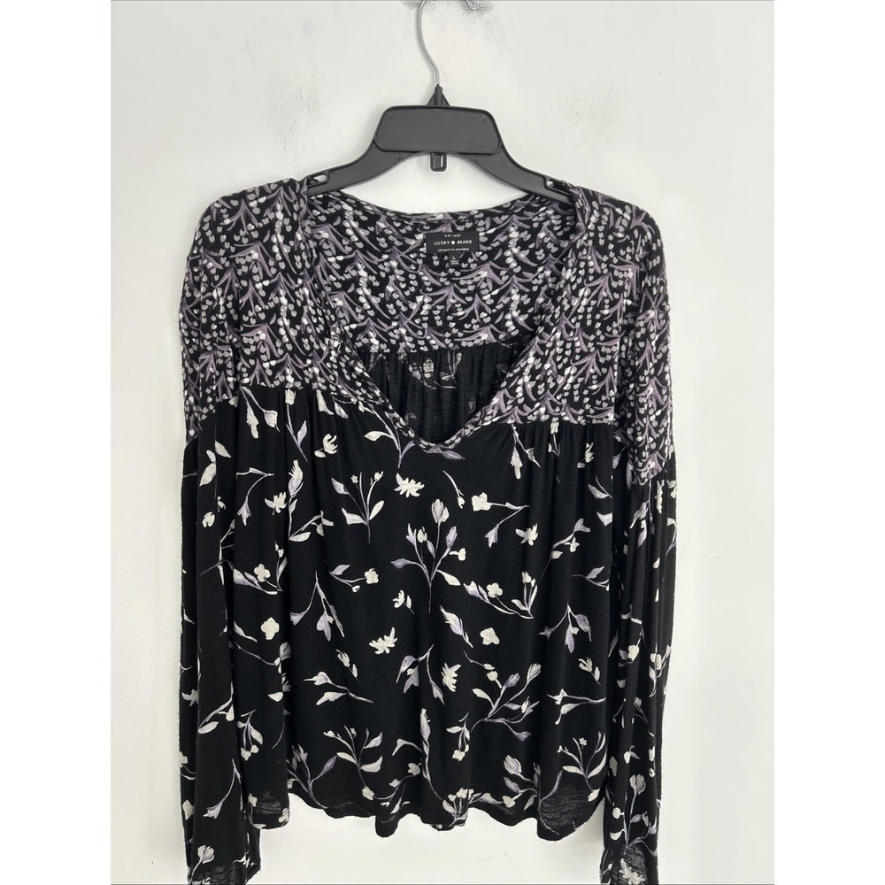 Lucky Brand Women's Black Floral Peasant Blouse Size L Boho Flowy Top